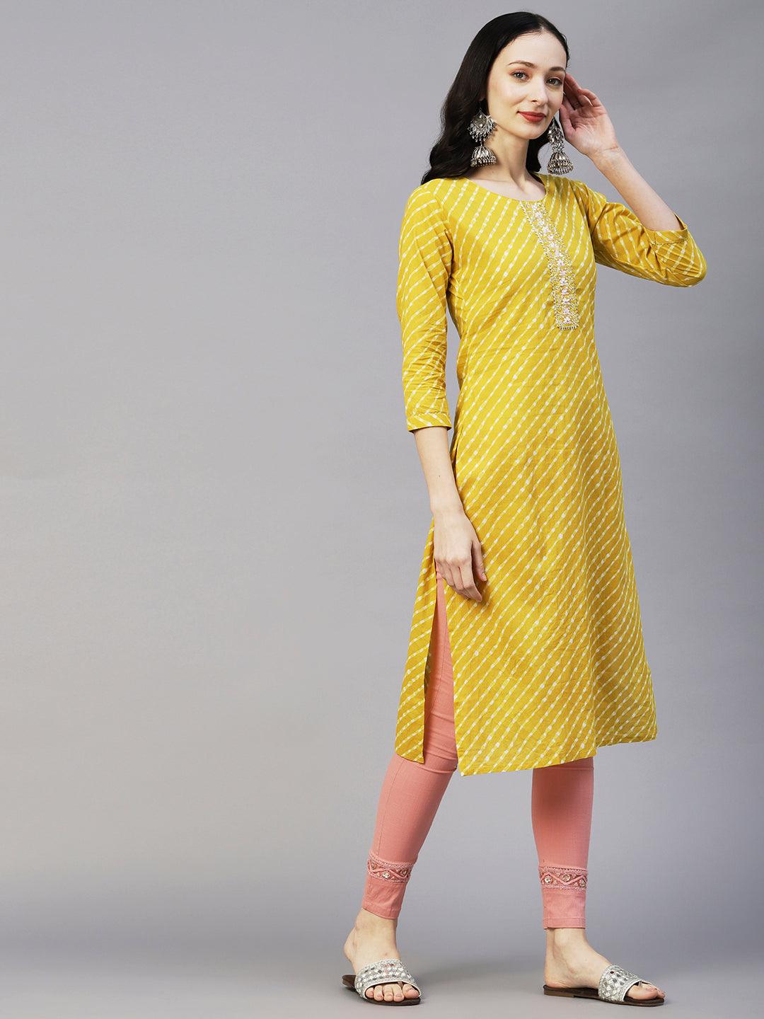 Lehriya Printed Mirror & Pearl Embroidered Kurta - Yellow - Indiakreations