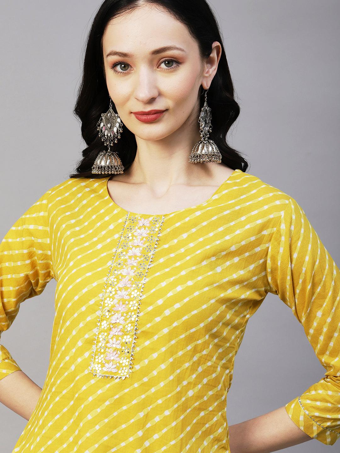 Lehriya Printed Mirror & Pearl Embroidered Kurta - Yellow - Indiakreations