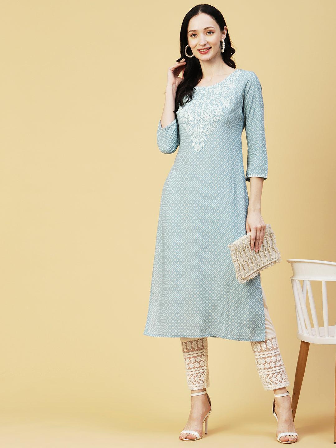 Abstract Barfi Printed Resham & Sequins Embroidered Kurta - Pastel Blue - Indiakreations