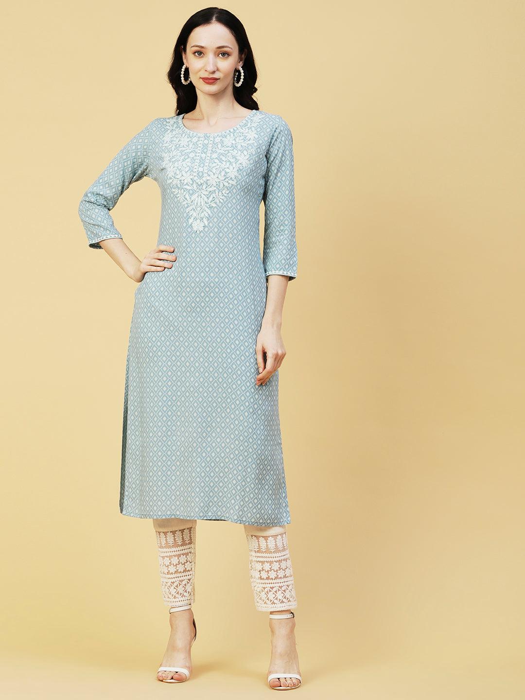 Abstract Barfi Printed Resham & Sequins Embroidered Kurta - Pastel Blue - Indiakreations