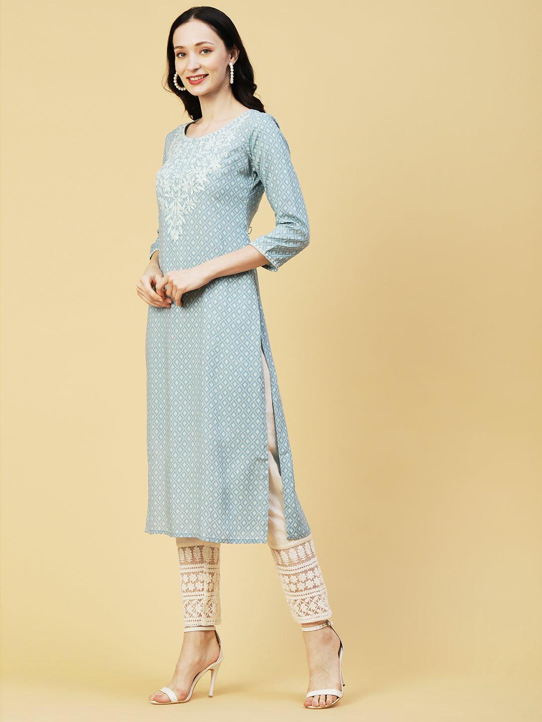 Abstract Barfi Printed Resham & Sequins Embroidered Kurta - Pastel Blue - Indiakreations