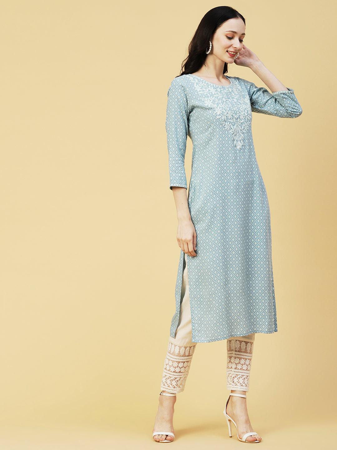 Abstract Barfi Printed Resham & Sequins Embroidered Kurta - Pastel Blue - Indiakreations