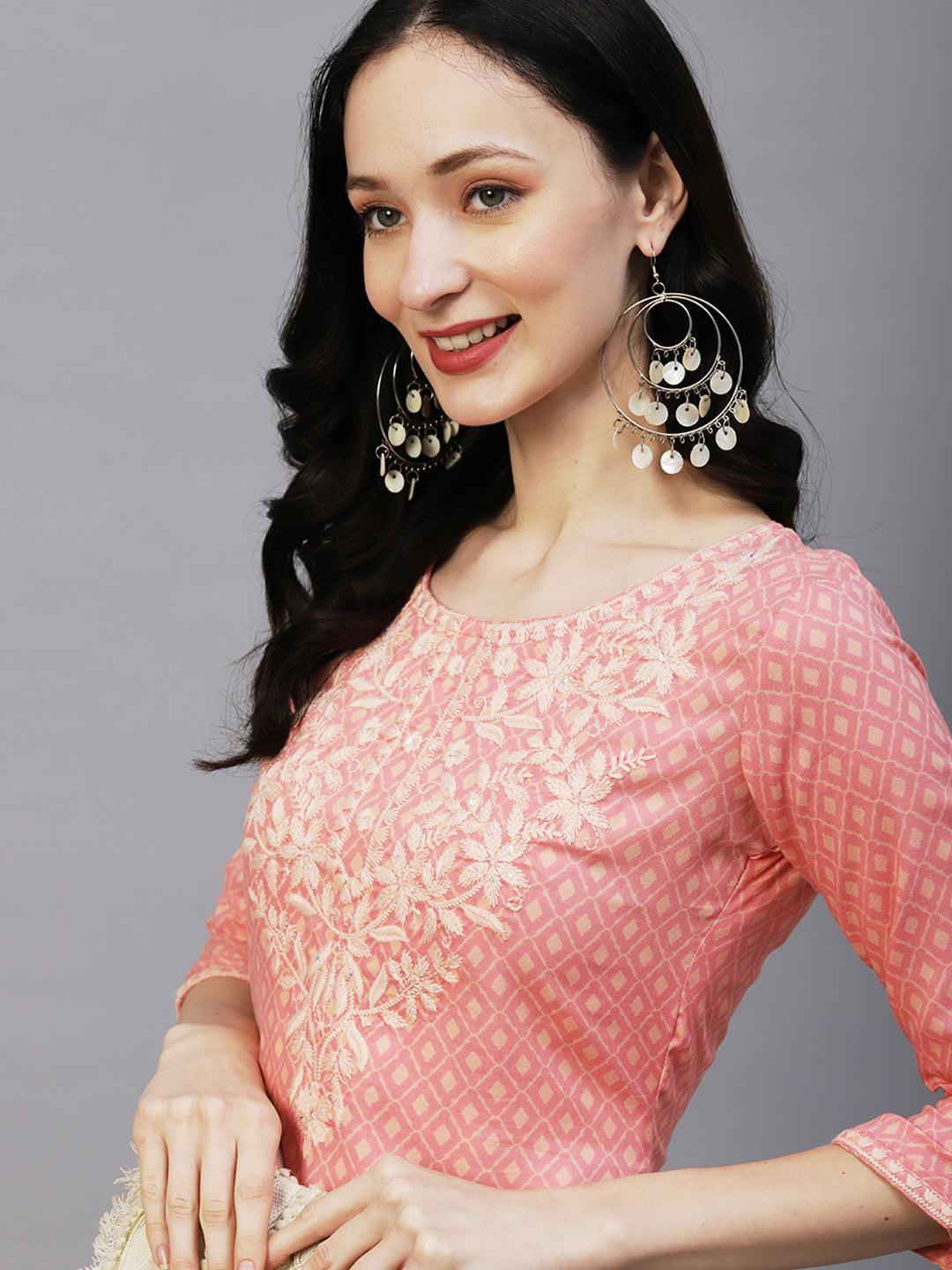 Abstract Barfi Printed Resham & Sequins Embroidered Kurta - Pink - Indiakreations