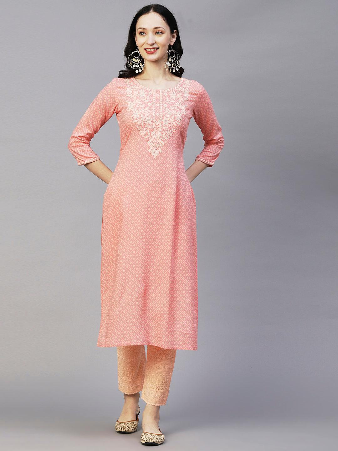 Abstract Barfi Printed Resham & Sequins Embroidered Kurta - Pink - Indiakreations