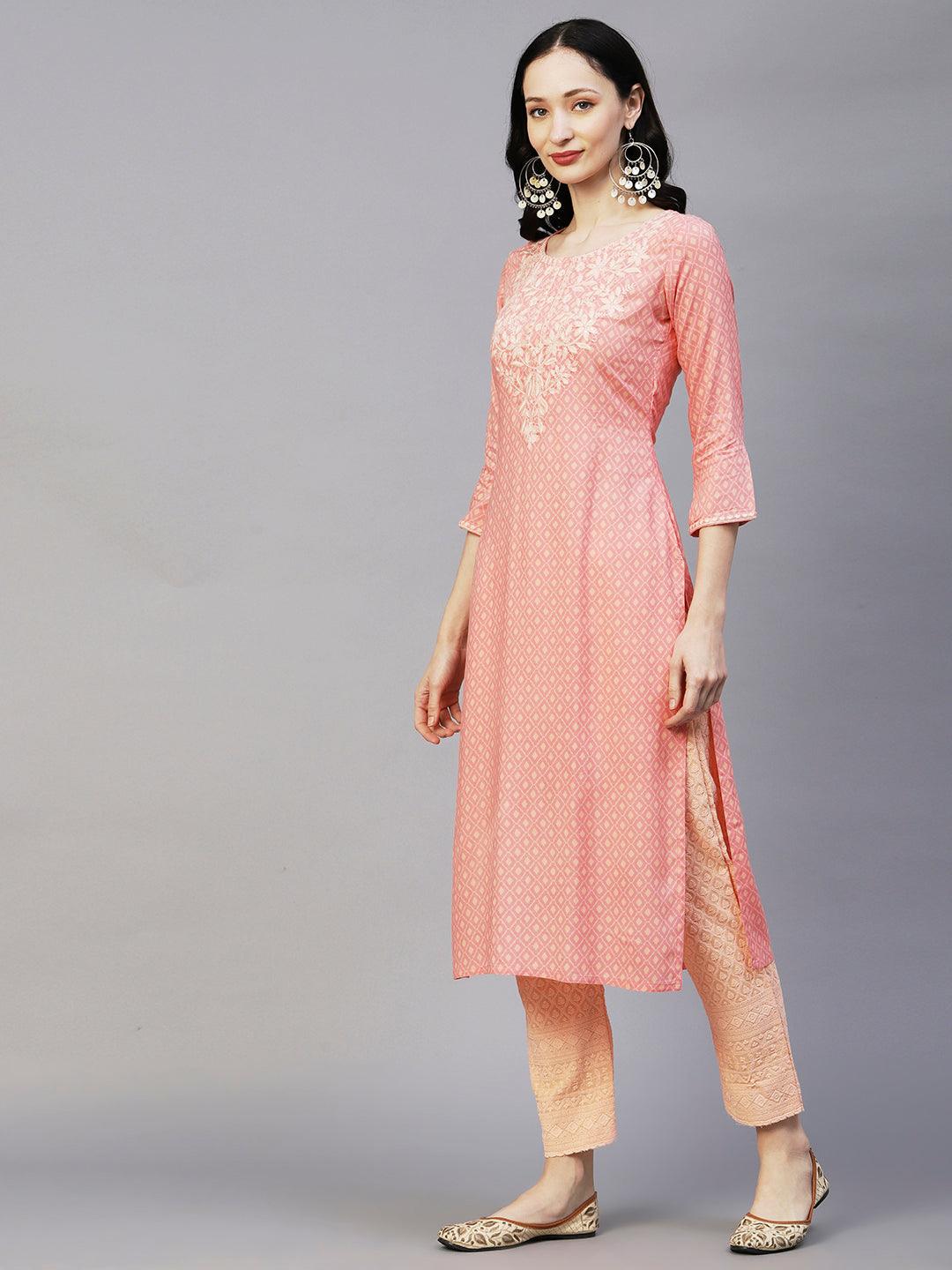 Abstract Barfi Printed Resham & Sequins Embroidered Kurta - Pink - Indiakreations