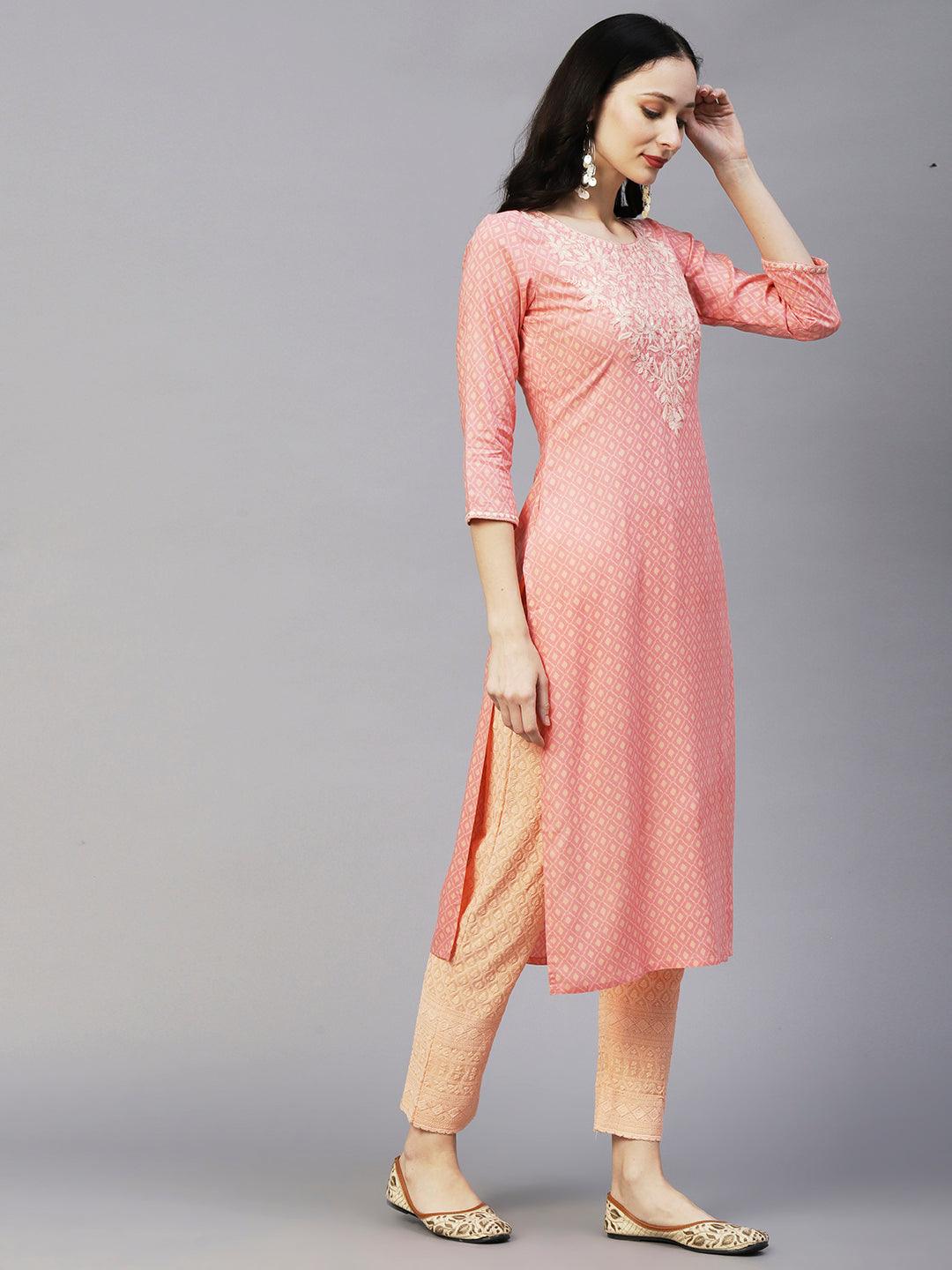 Abstract Barfi Printed Resham & Sequins Embroidered Kurta - Pink - Indiakreations