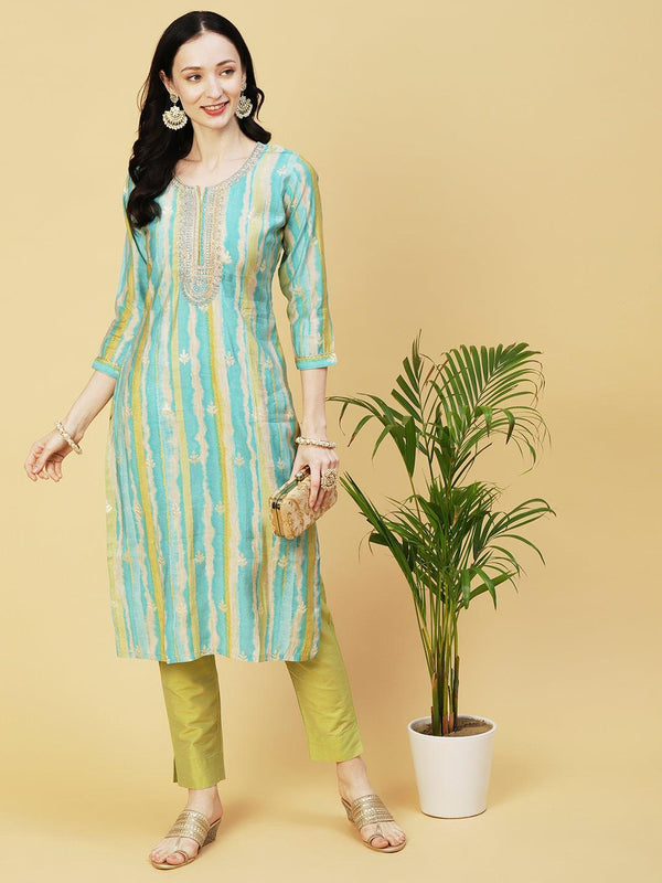 Ethnic & Stripes Foil Printed & Embroidered Straight Fit Kurta - Blue - Indiakreations