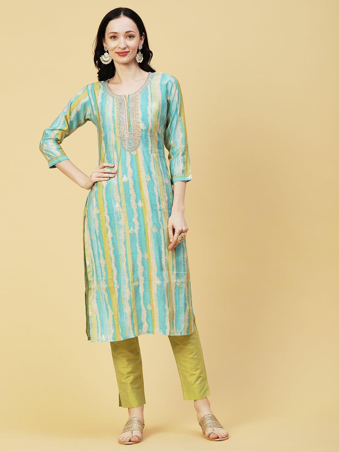 Ethnic & Stripes Foil Printed & Embroidered Straight Fit Kurta - Blue - Indiakreations