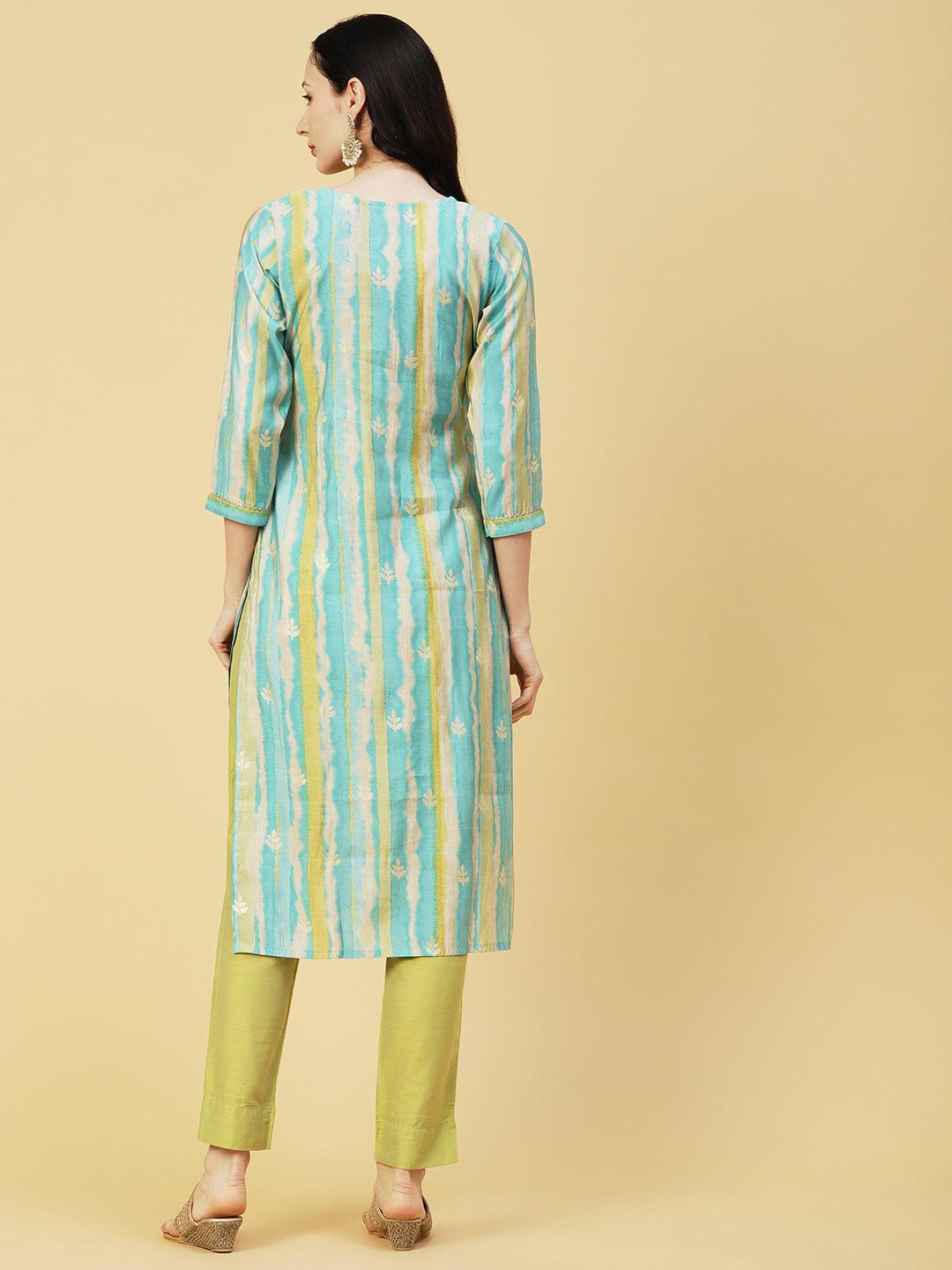 Ethnic & Stripes Foil Printed & Embroidered Straight Fit Kurta - Blue - Indiakreations