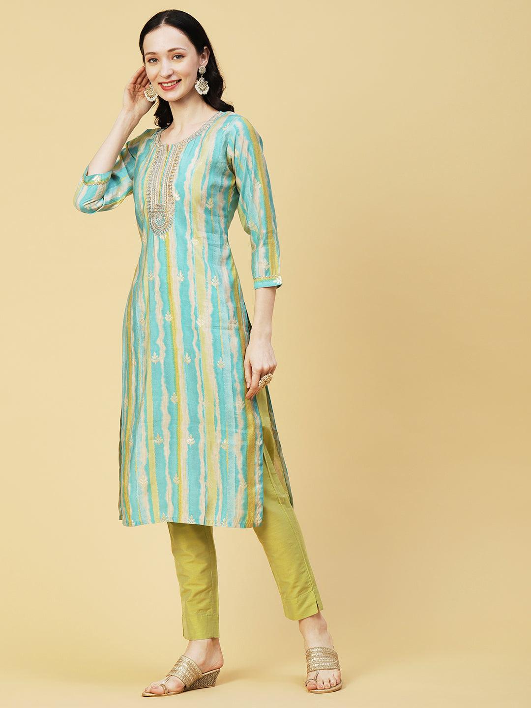 Ethnic & Stripes Foil Printed & Embroidered Straight Fit Kurta - Blue - Indiakreations