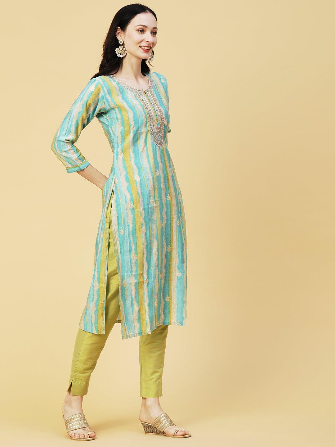 Ethnic & Stripes Foil Printed & Embroidered Straight Fit Kurta - Blue - Indiakreations