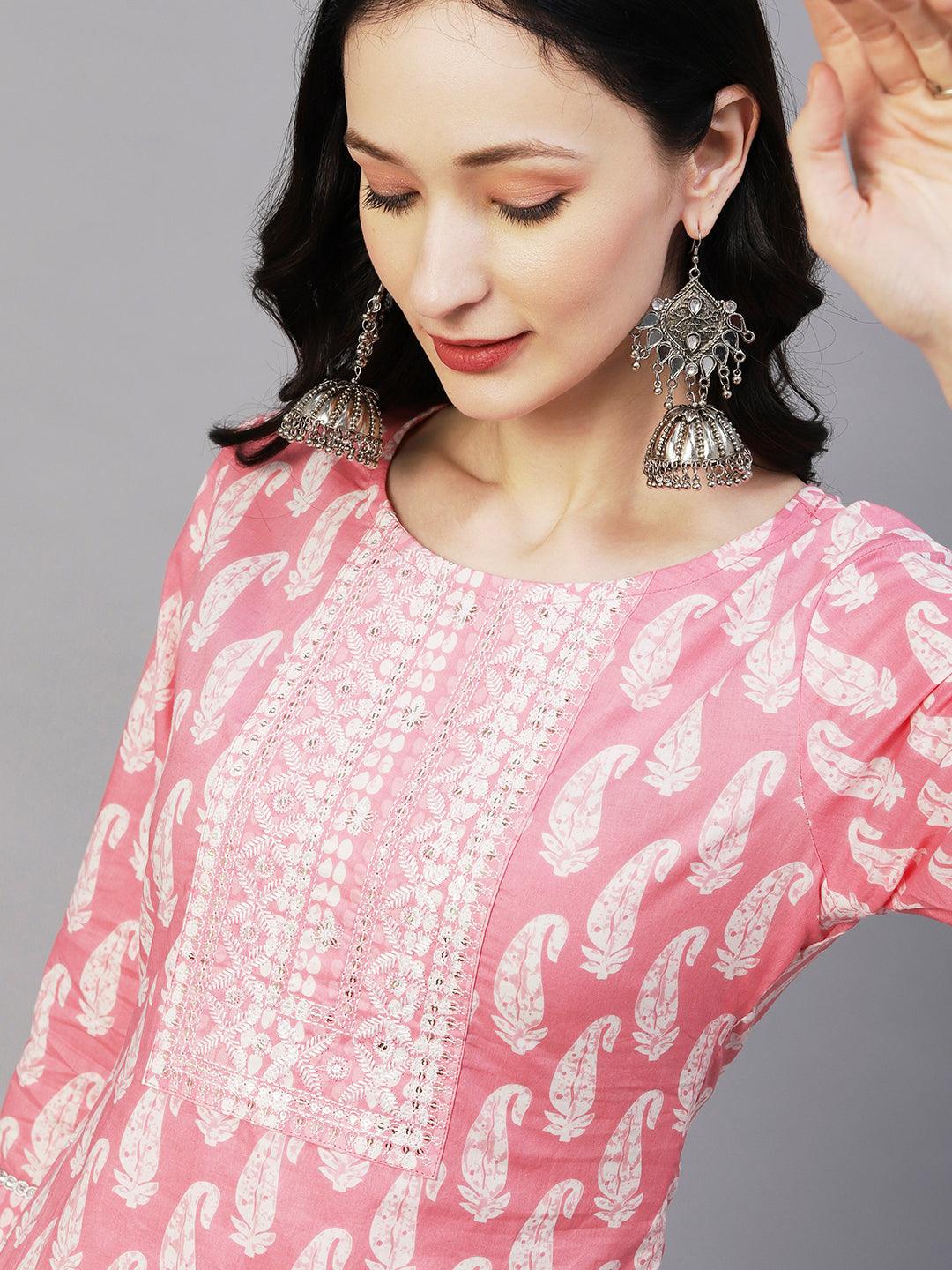 Ethnic Paisley Printed & Embroidered Straight Kurta with Pant - Pink - Indiakreations