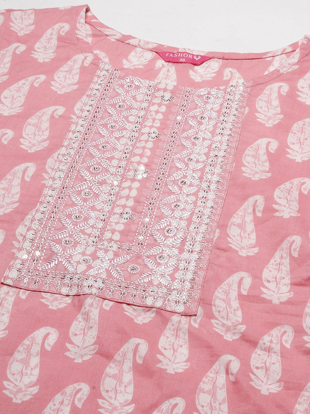 Ethnic Paisley Printed & Embroidered Straight Kurta with Pant - Pink - Indiakreations