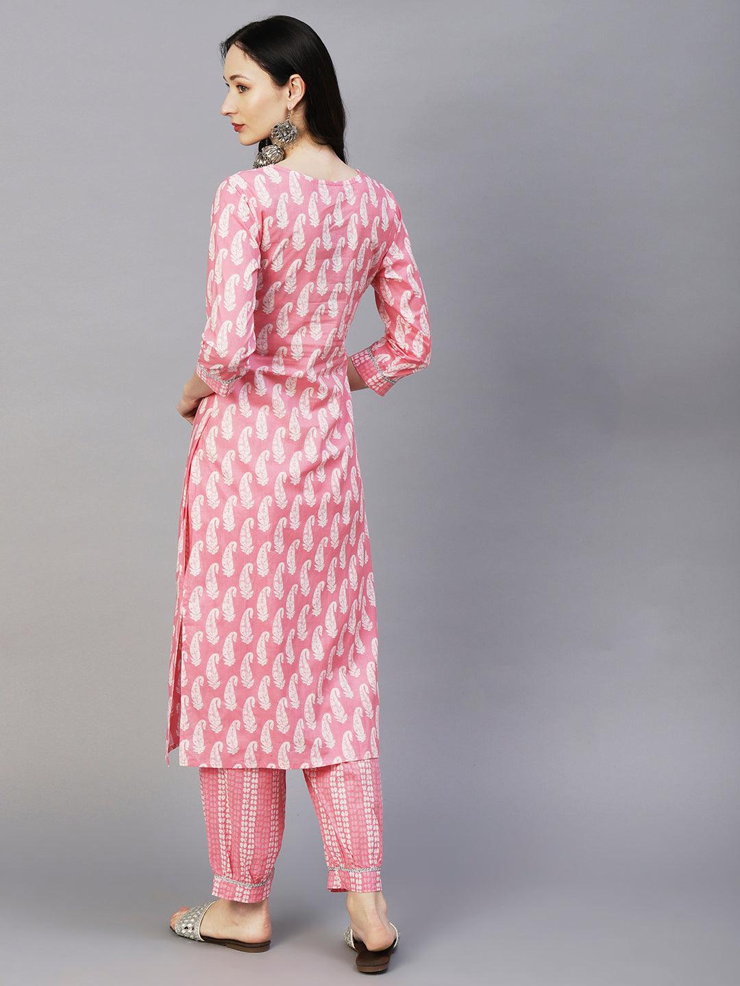 Ethnic Paisley Printed & Embroidered Straight Kurta with Pant - Pink - Indiakreations