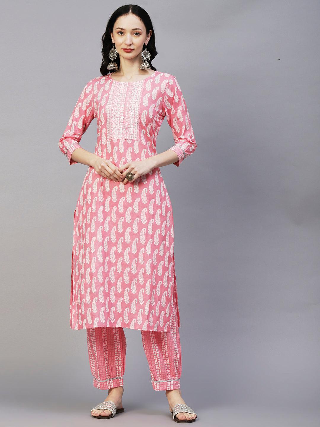 Ethnic Paisley Printed & Embroidered Straight Kurta with Pant - Pink - Indiakreations