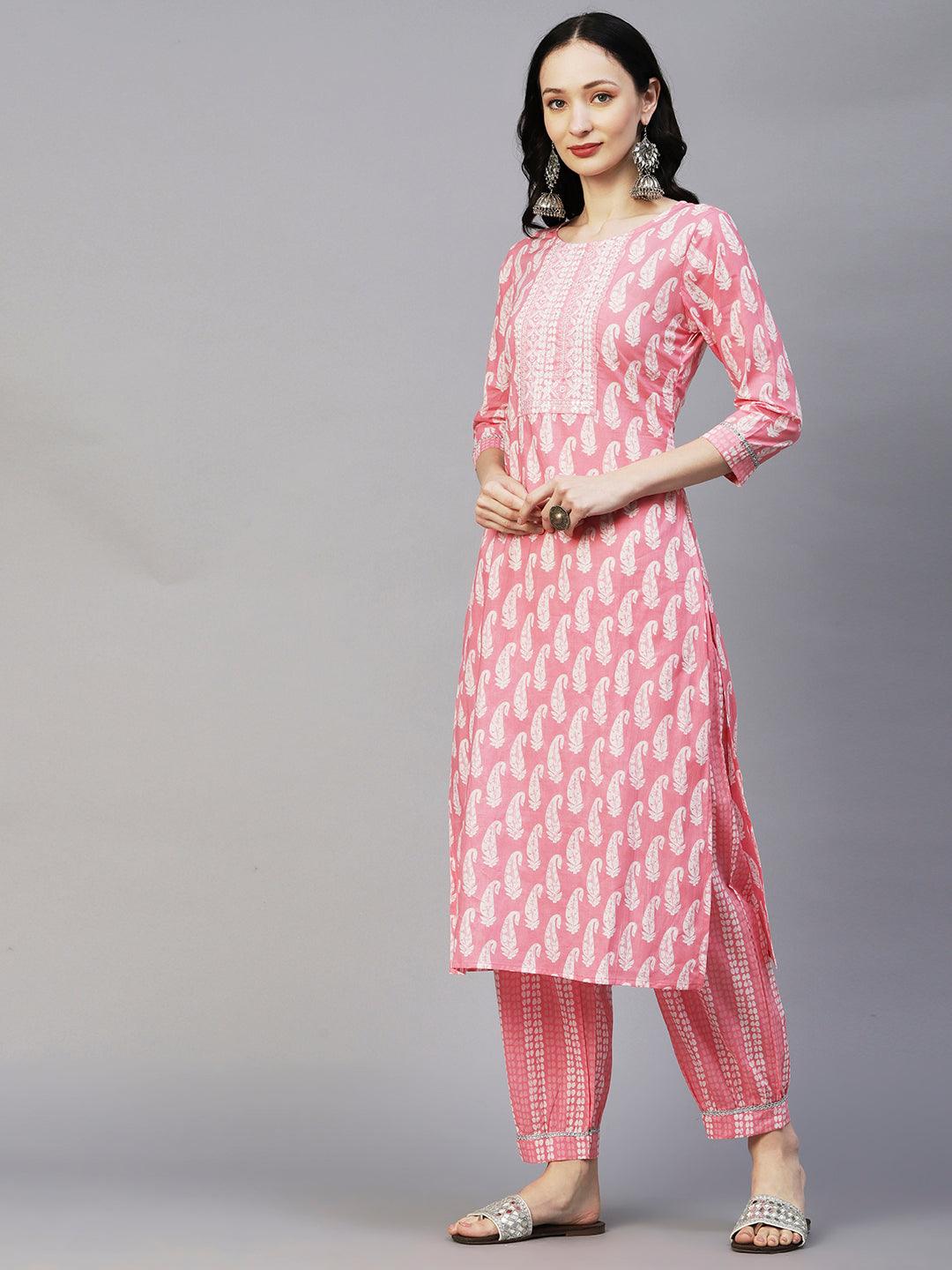 Ethnic Paisley Printed & Embroidered Straight Kurta with Pant - Pink - Indiakreations