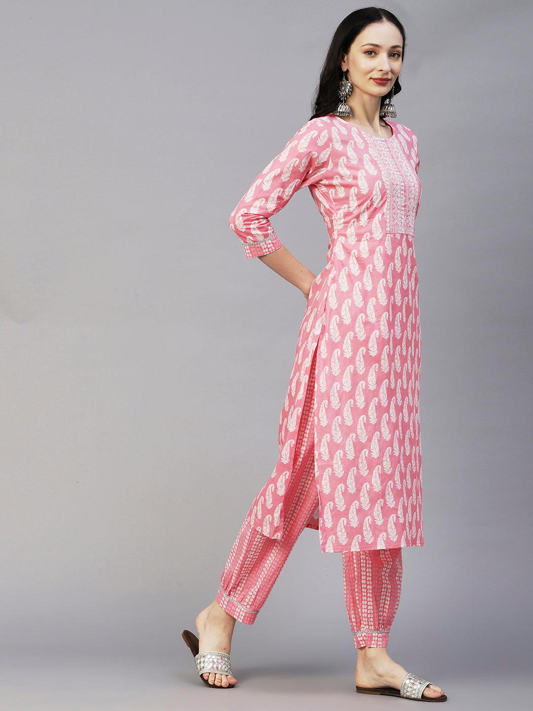 Ethnic Paisley Printed & Embroidered Straight Kurta with Pant - Pink - Indiakreations