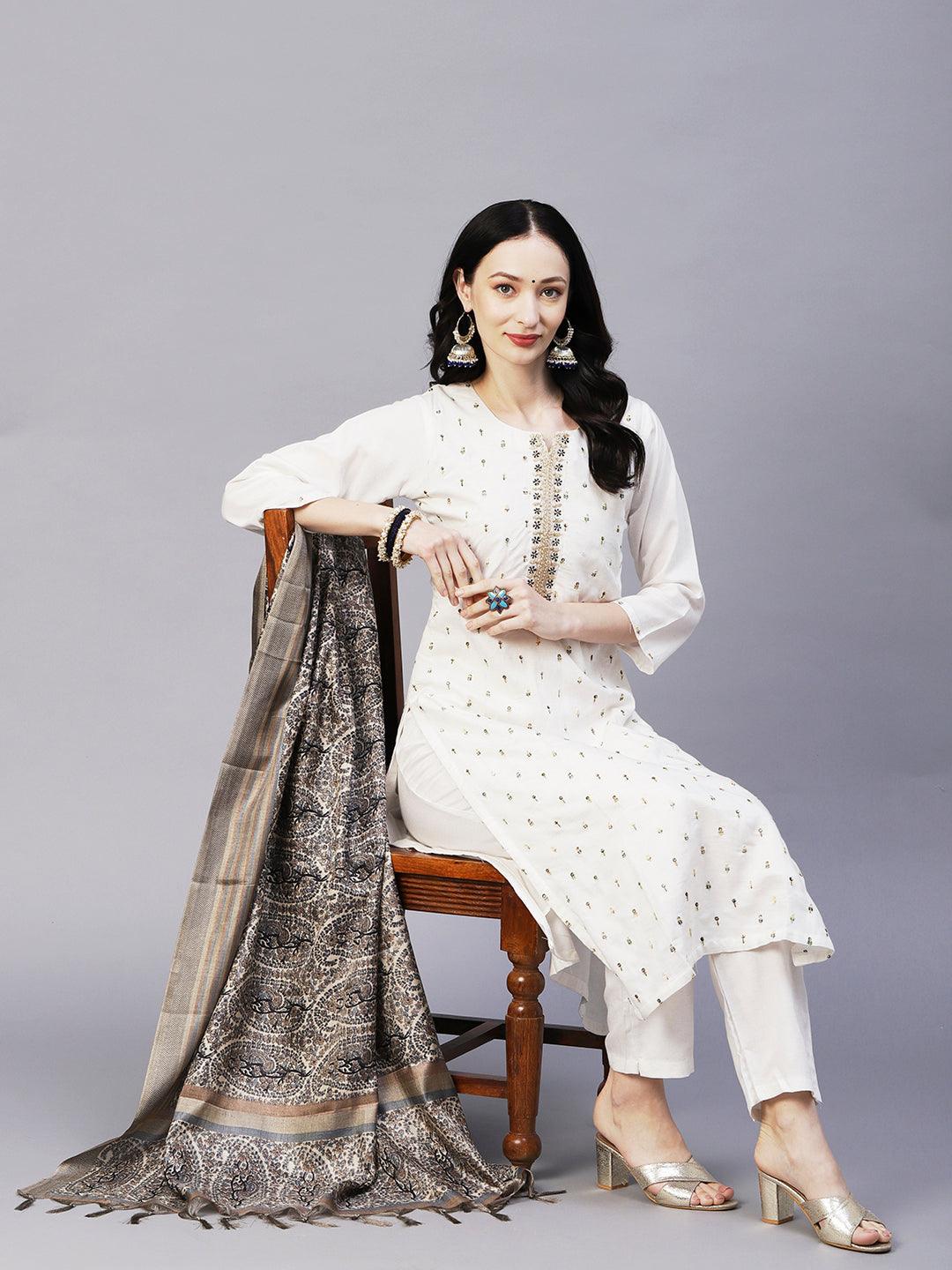 Solid Floral & Hand Embroidered Straight Kurta with Pant & Dupatta - Off White - Indiakreations