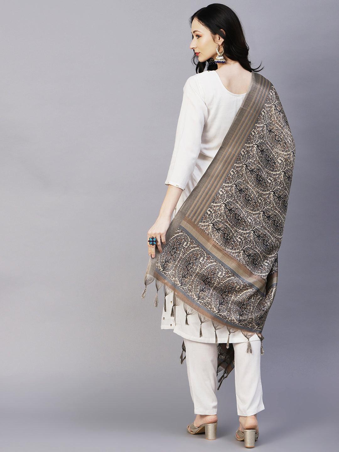 Solid Floral & Hand Embroidered Straight Kurta with Pant & Dupatta - Off White - Indiakreations