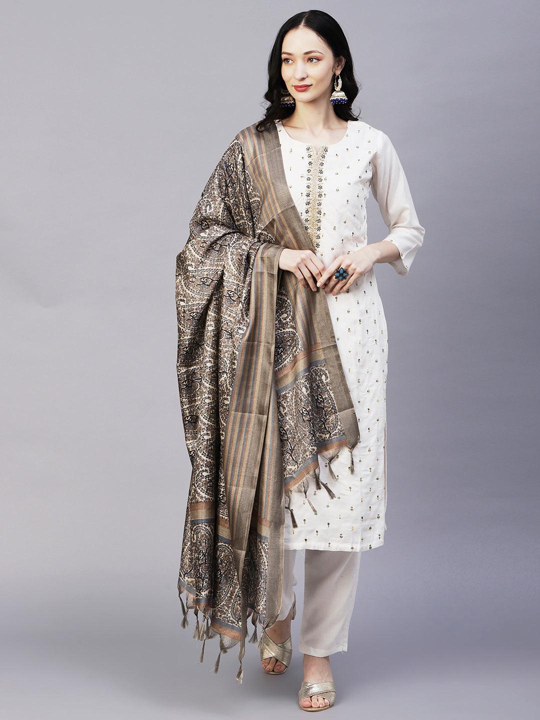 Solid Floral & Hand Embroidered Straight Kurta with Pant & Dupatta - Off White - Indiakreations