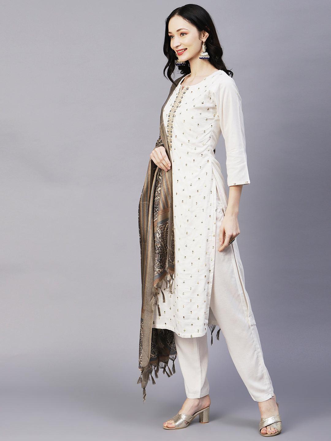 Solid Floral & Hand Embroidered Straight Kurta with Pant & Dupatta - Off White - Indiakreations