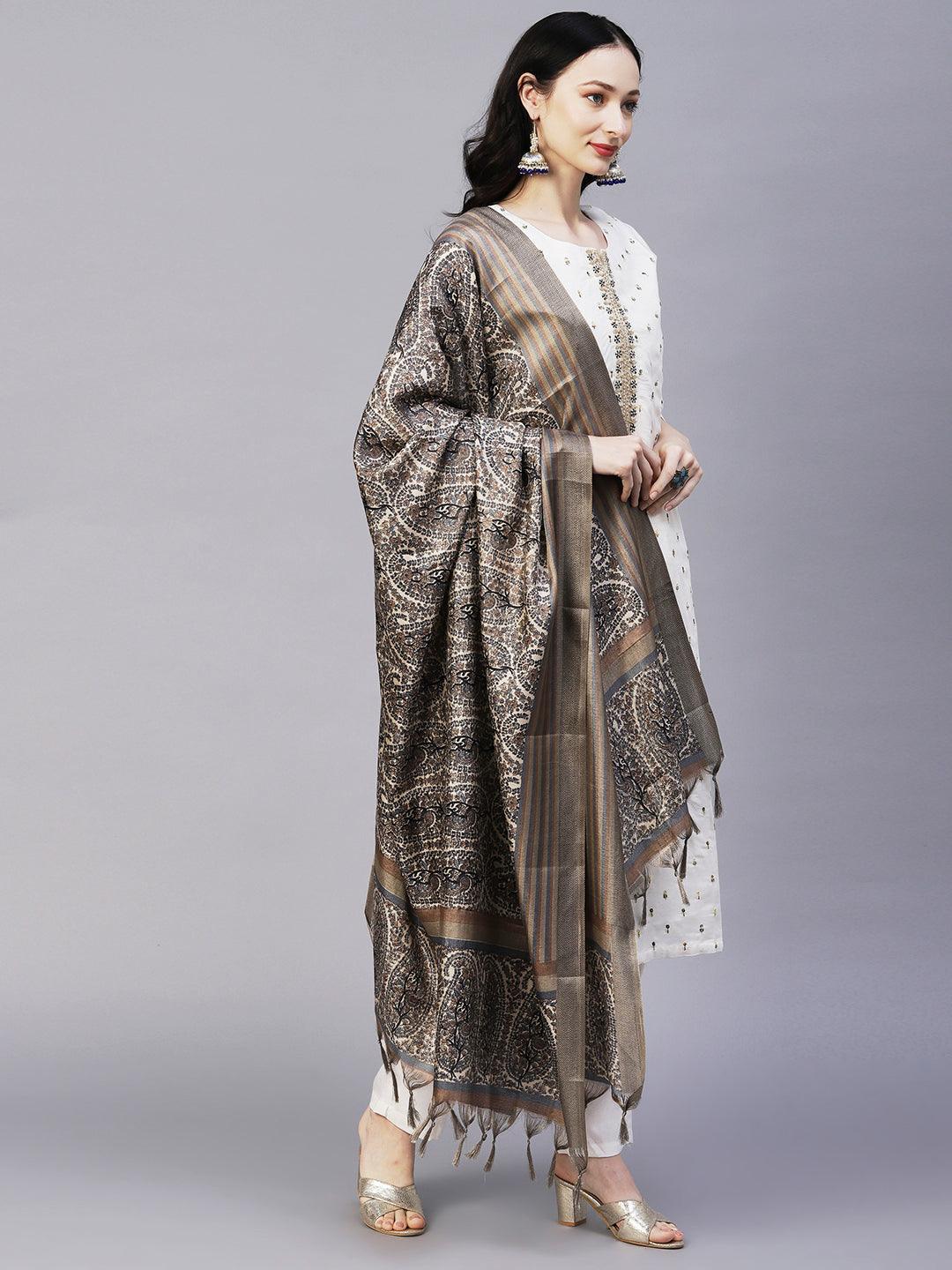 Solid Floral & Hand Embroidered Straight Kurta with Pant & Dupatta - Off White - Indiakreations