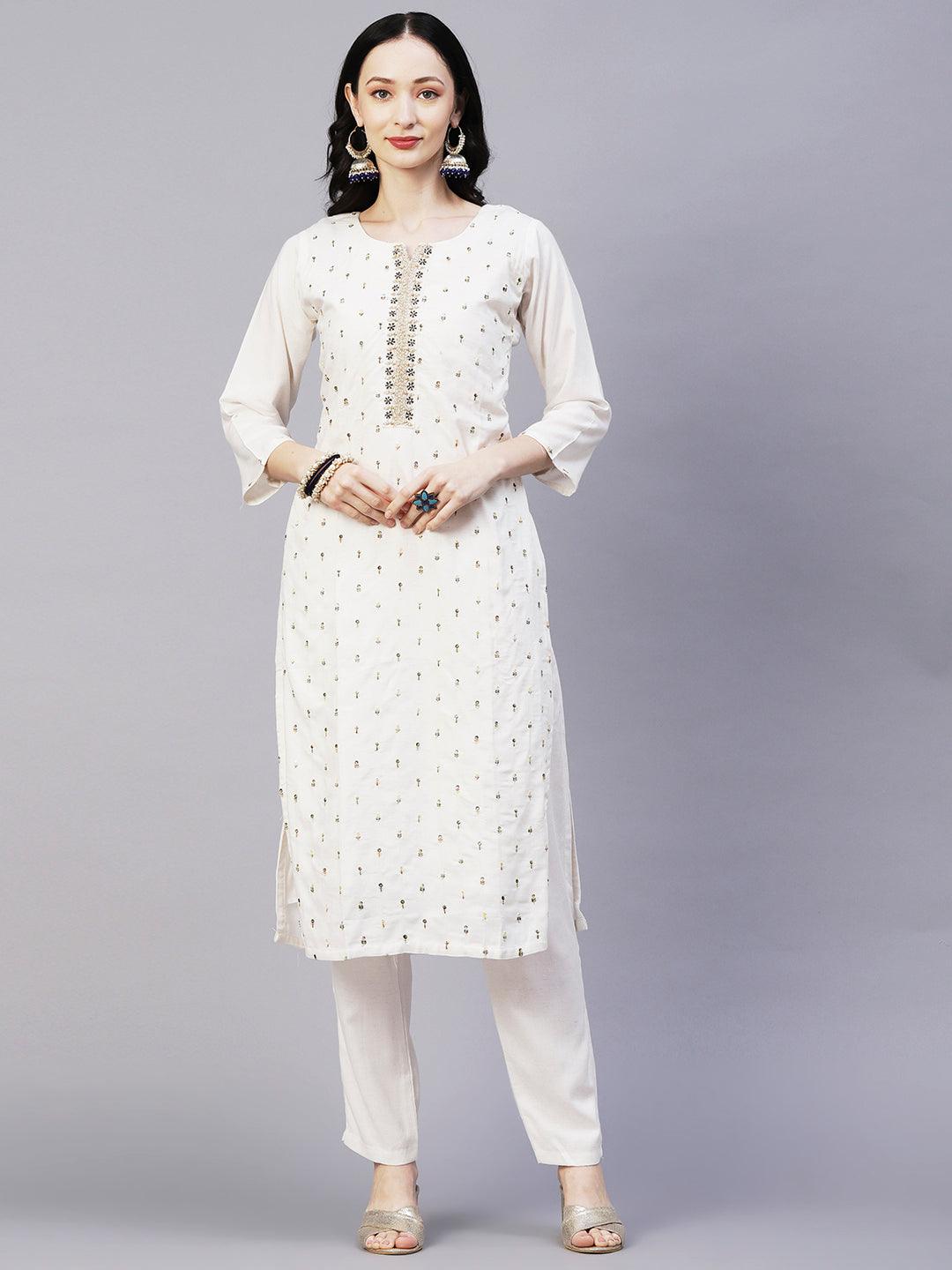 Solid Floral & Hand Embroidered Straight Kurta with Pant & Dupatta - Off White - Indiakreations