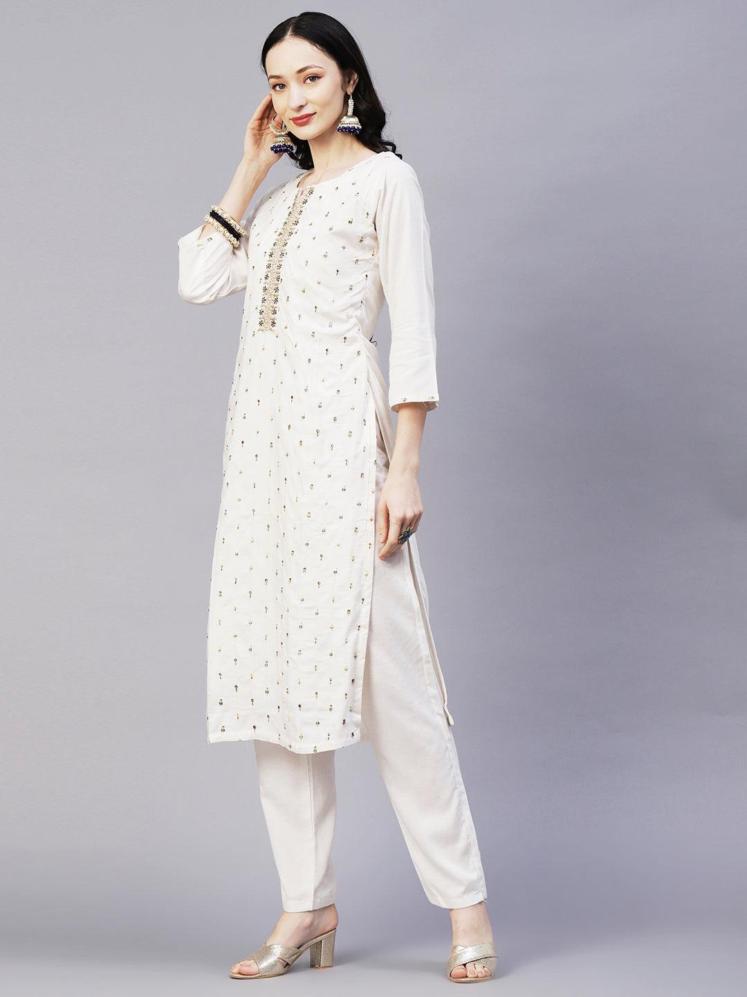 Solid Floral & Hand Embroidered Straight Kurta with Pant & Dupatta - Off White - Indiakreations