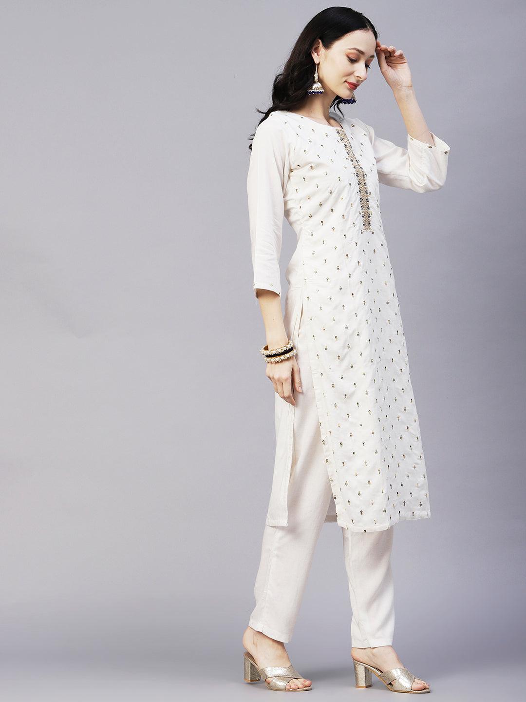 Solid Floral & Hand Embroidered Straight Kurta with Pant & Dupatta - Off White - Indiakreations