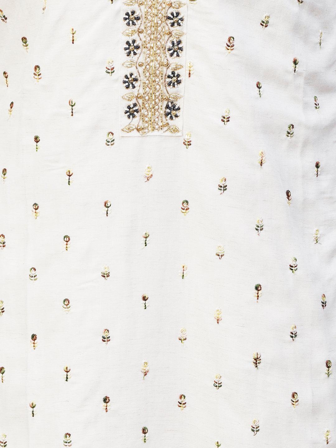 Solid Floral & Hand Embroidered Straight Kurta with Pant & Dupatta - Off White - Indiakreations