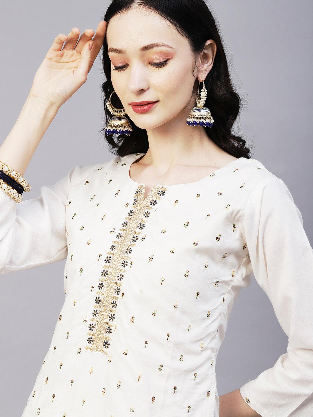 Solid Floral & Hand Embroidered Straight Kurta with Pant & Dupatta - Off White - Indiakreations