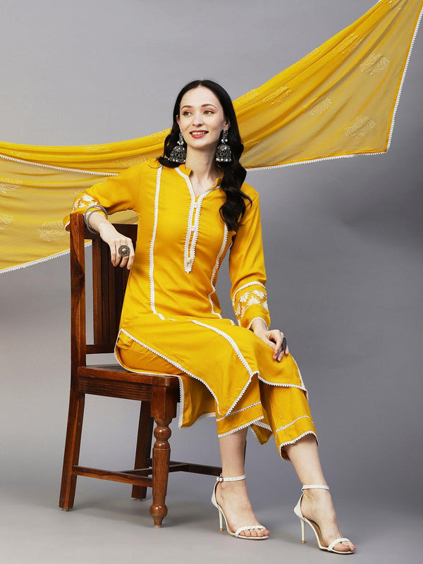 Crochet Lace Striped Resham Embroidered Kurta With Pants & Printed Dupatta - Yellow - Indiakreations