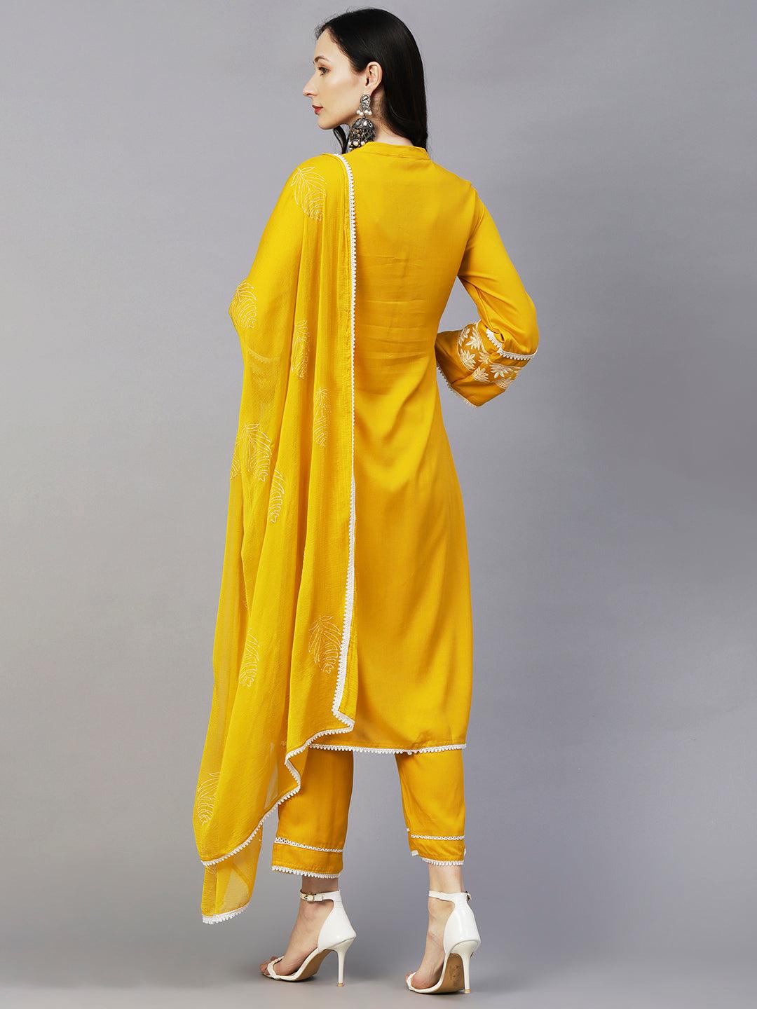 Crochet Lace Striped Resham Embroidered Kurta With Pants & Printed Dupatta - Yellow - Indiakreations