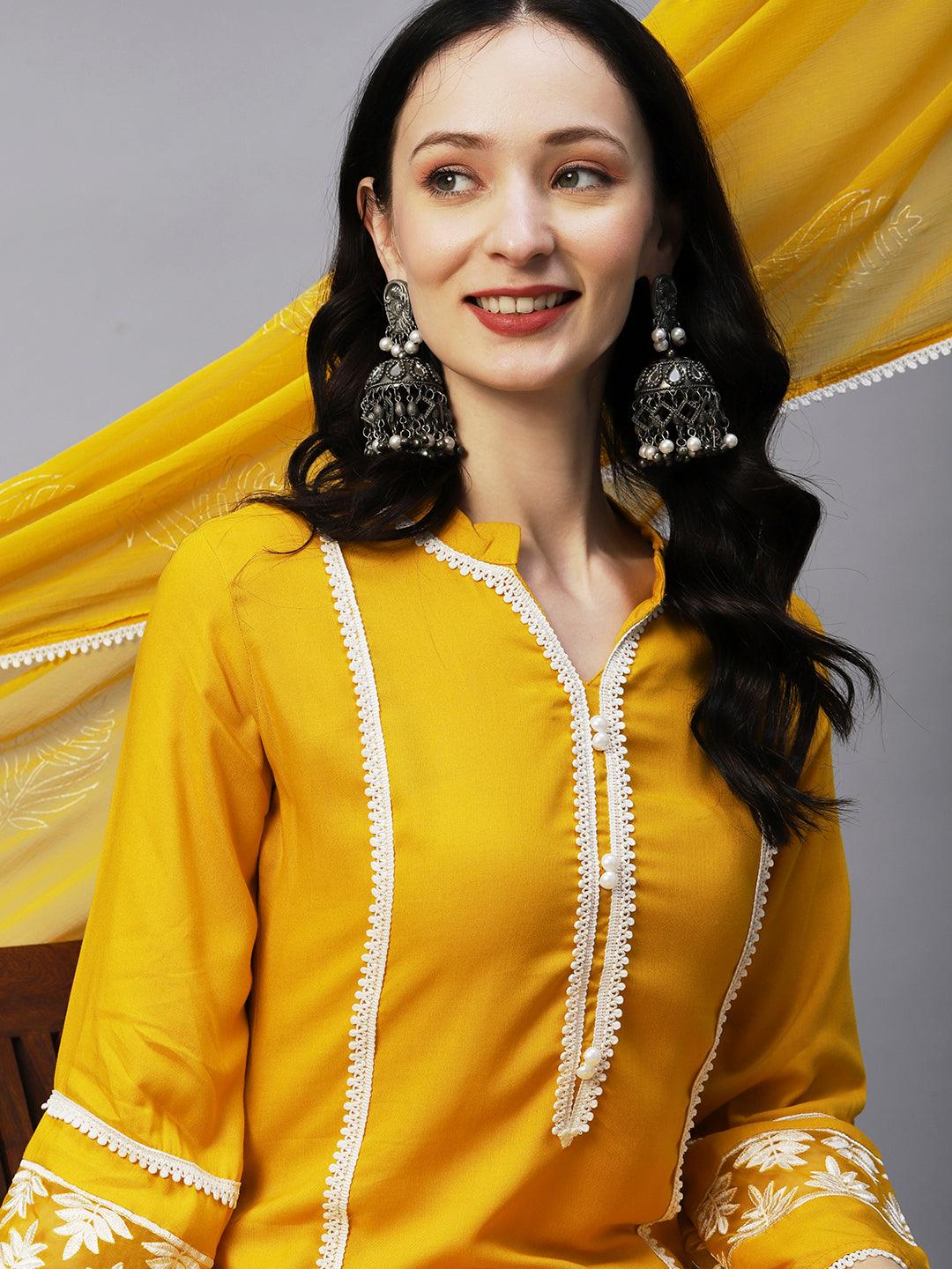 Crochet Lace Striped Resham Embroidered Kurta With Pants & Printed Dupatta - Yellow - Indiakreations