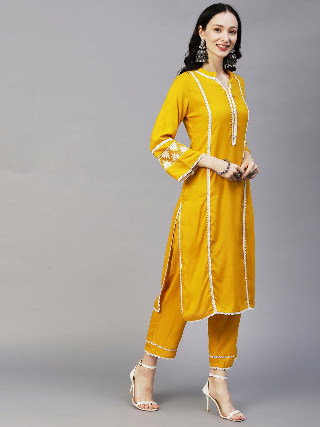 Crochet Lace Striped Resham Embroidered Kurta With Pants & Printed Dupatta - Yellow - Indiakreations