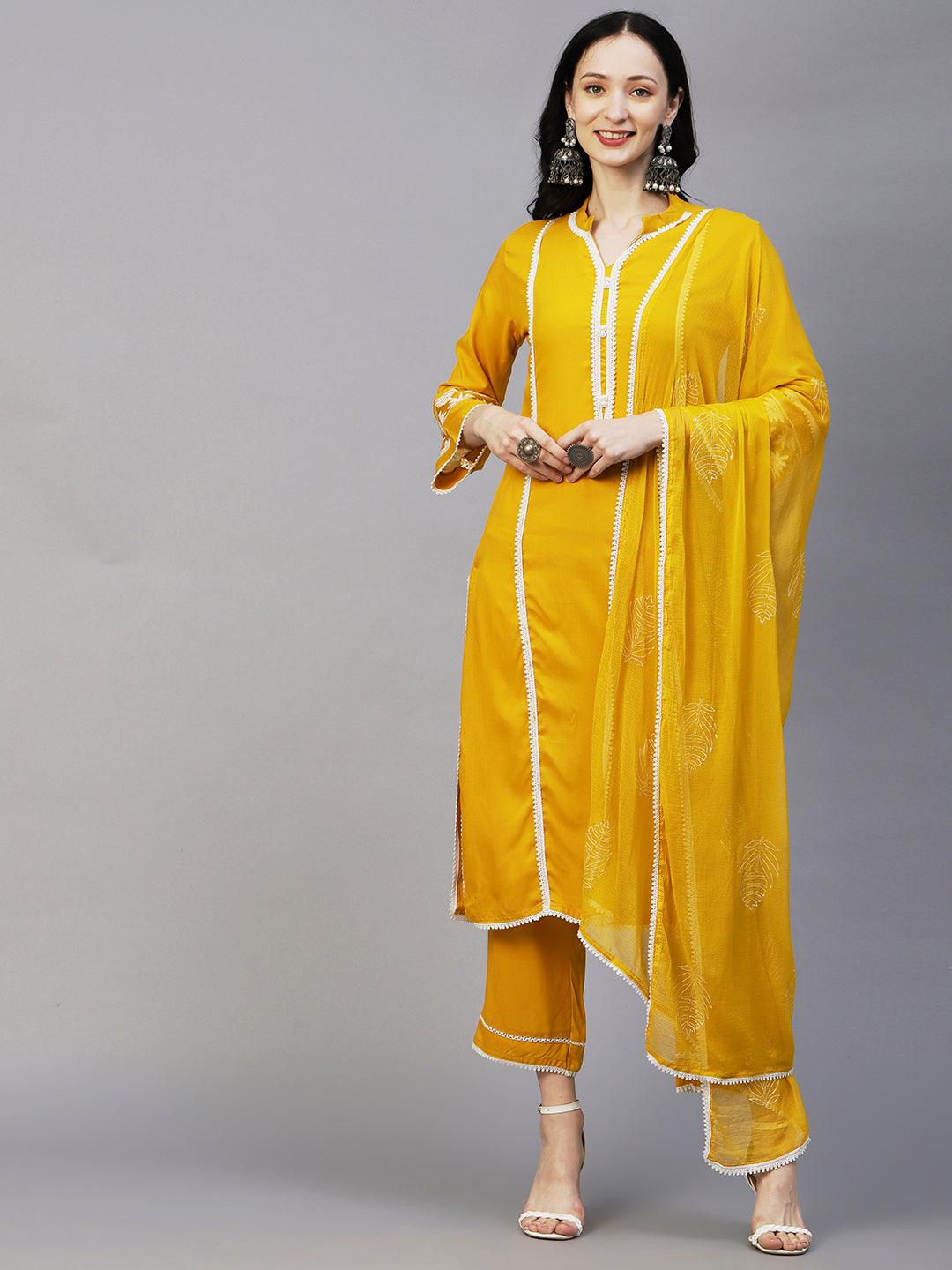 Crochet Lace Striped Resham Embroidered Kurta With Pants & Printed Dupatta - Yellow - Indiakreations