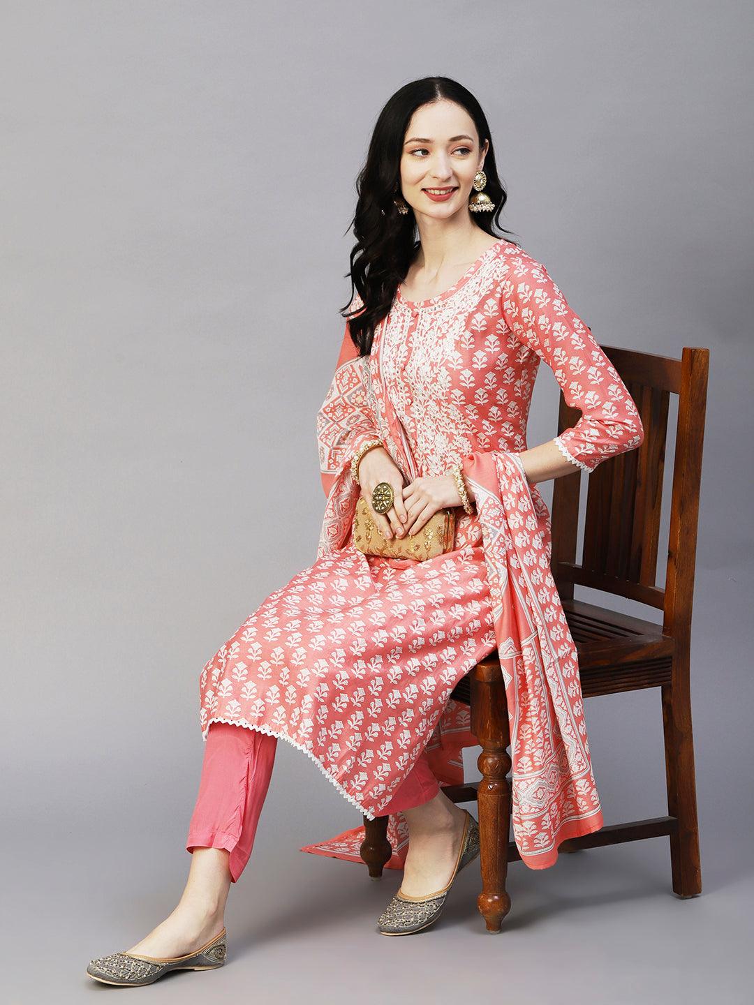 Floral Printed Resham Aari Embroidered Kurta With Pants & Printed Dupatta - Peach - Indiakreations