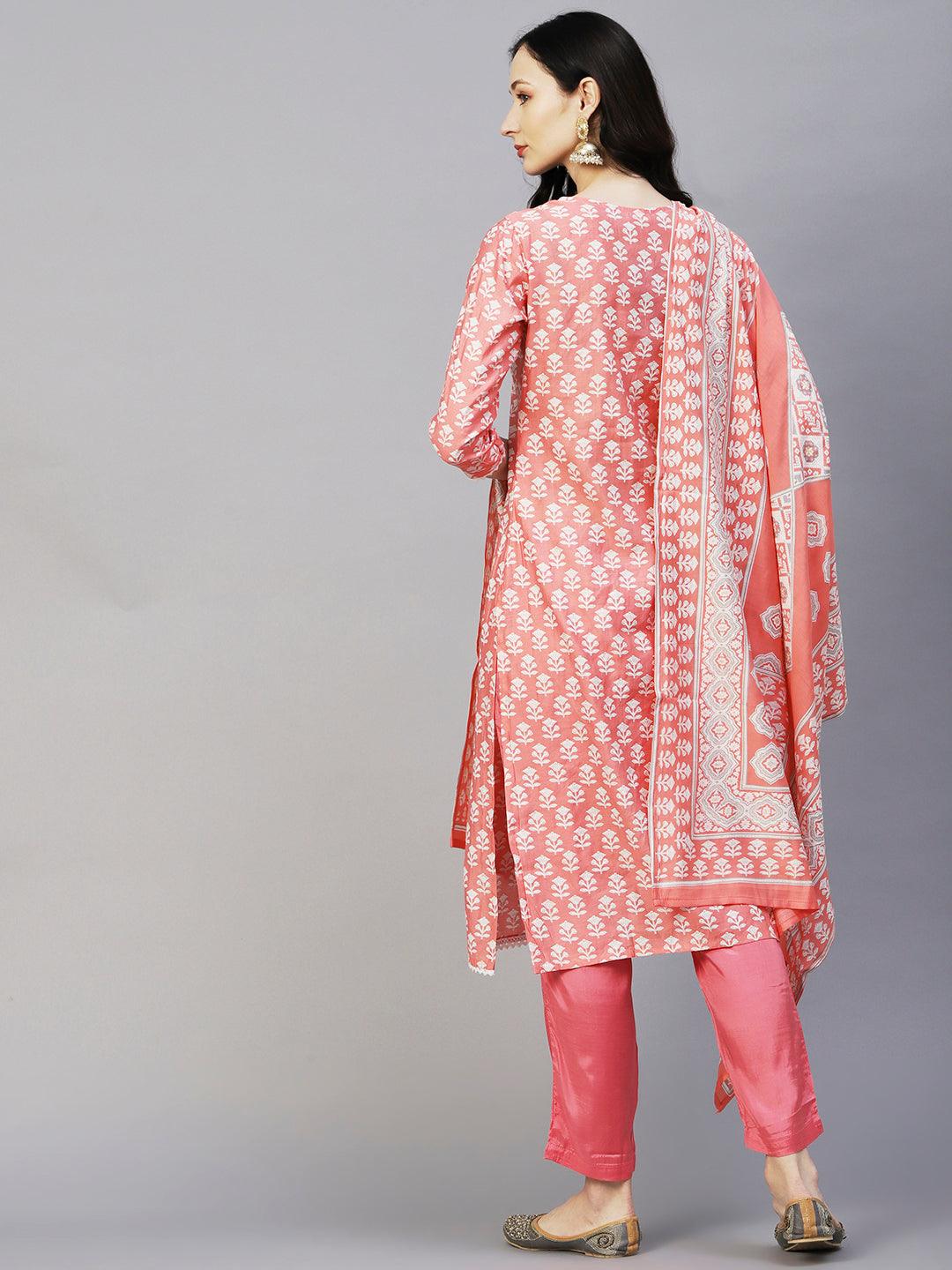 Floral Printed Resham Aari Embroidered Kurta With Pants & Printed Dupatta - Peach - Indiakreations