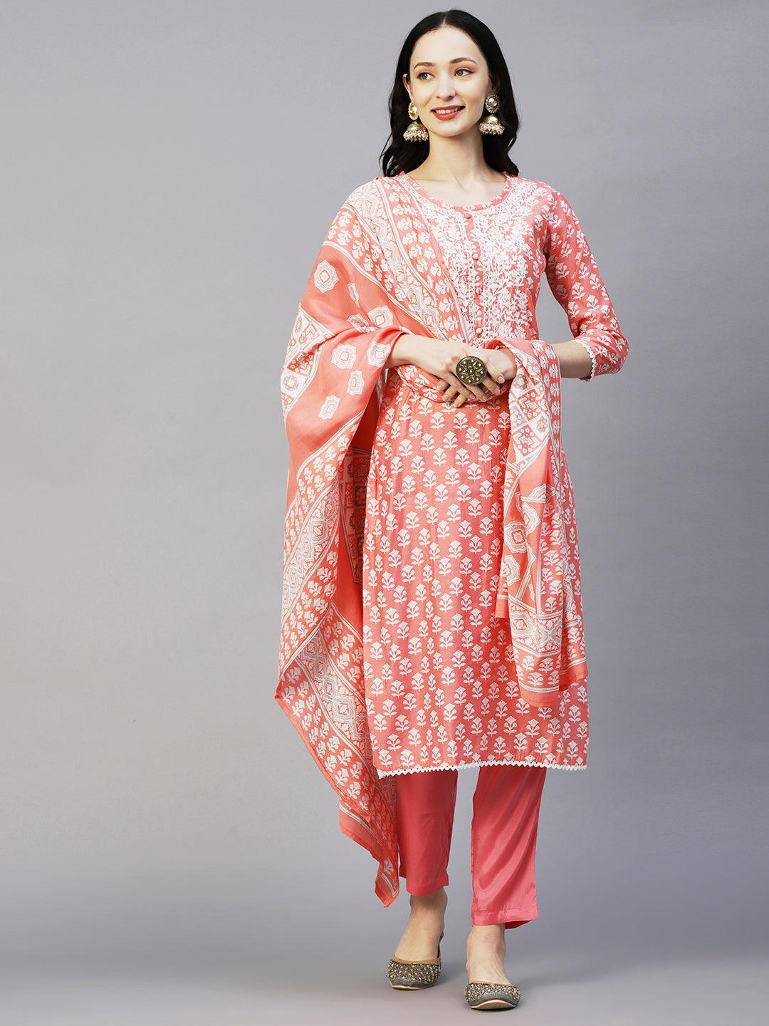 Floral Printed Resham Aari Embroidered Kurta With Pants & Printed Dupatta - Peach - Indiakreations