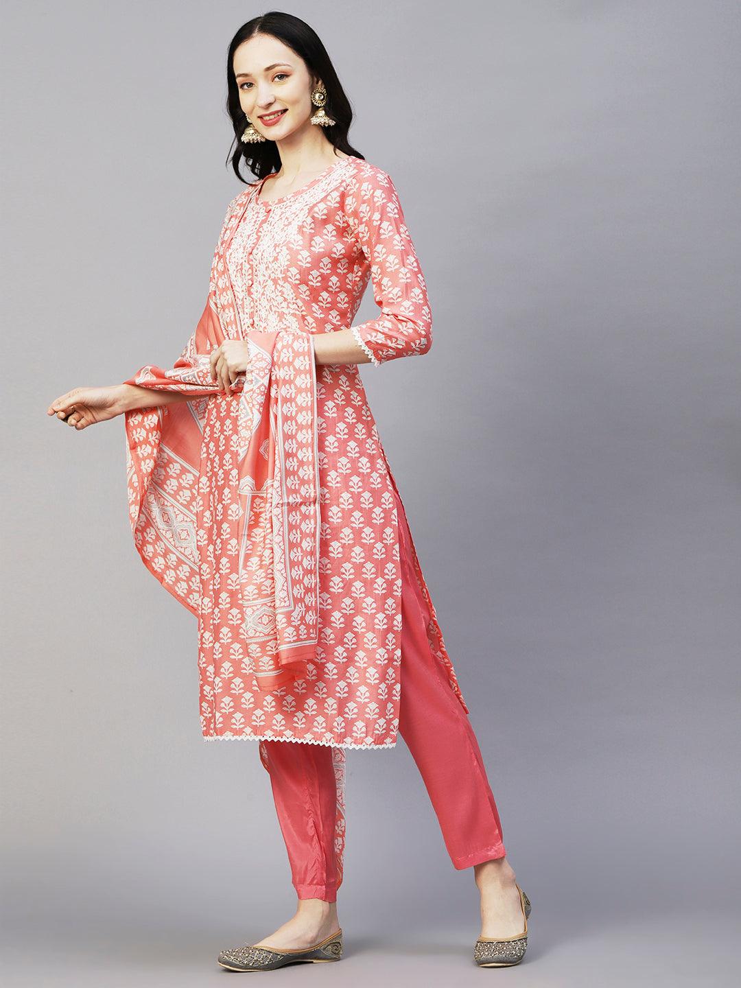 Floral Printed Resham Aari Embroidered Kurta With Pants & Printed Dupatta - Peach - Indiakreations