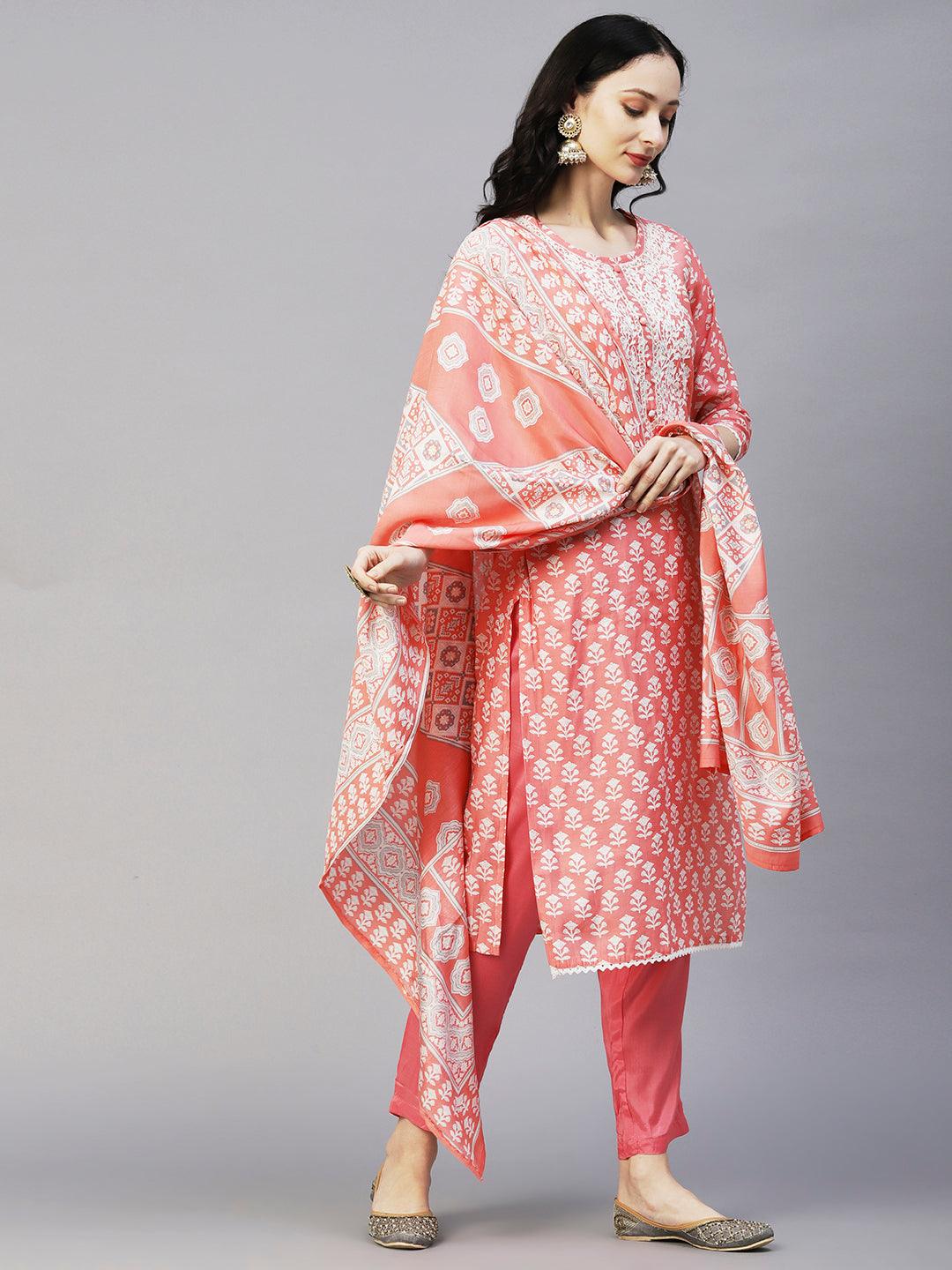 Floral Printed Resham Aari Embroidered Kurta With Pants & Printed Dupatta - Peach - Indiakreations