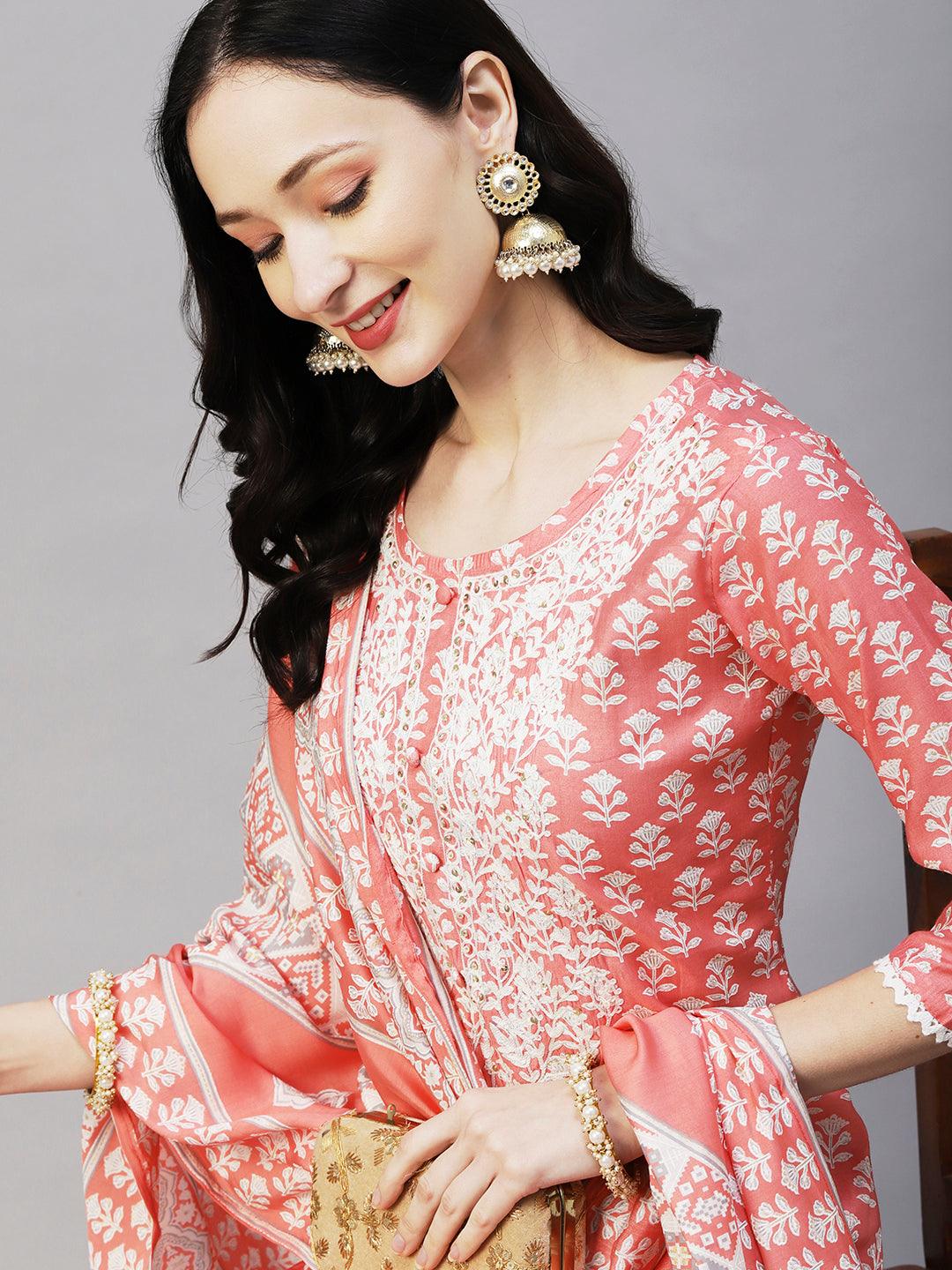 Floral Printed Resham Aari Embroidered Kurta With Pants & Printed Dupatta - Peach - Indiakreations