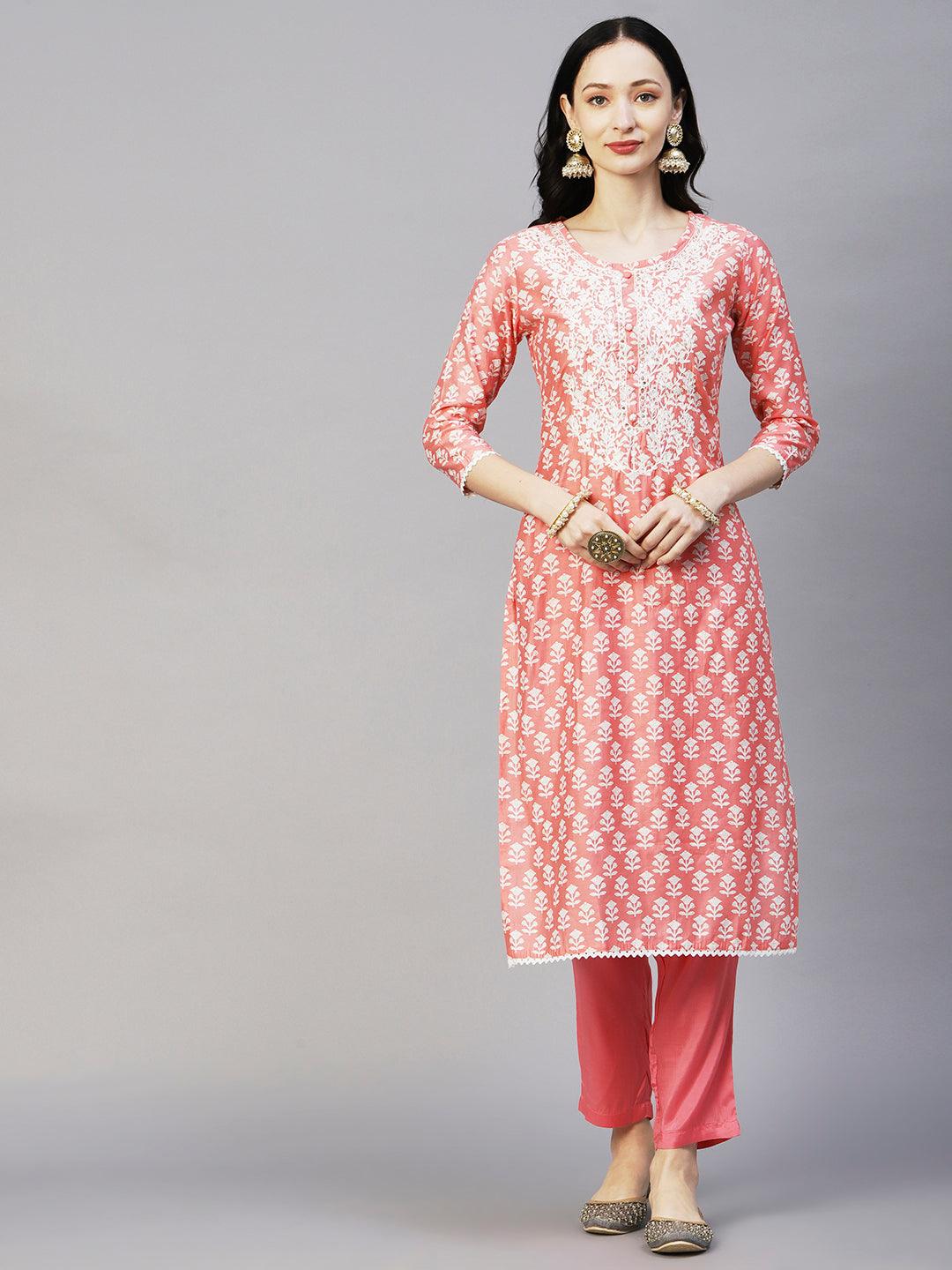 Floral Printed Resham Aari Embroidered Kurta With Pants & Printed Dupatta - Peach - Indiakreations