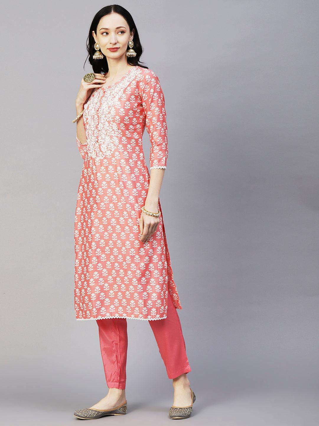 Floral Printed Resham Aari Embroidered Kurta With Pants & Printed Dupatta - Peach - Indiakreations