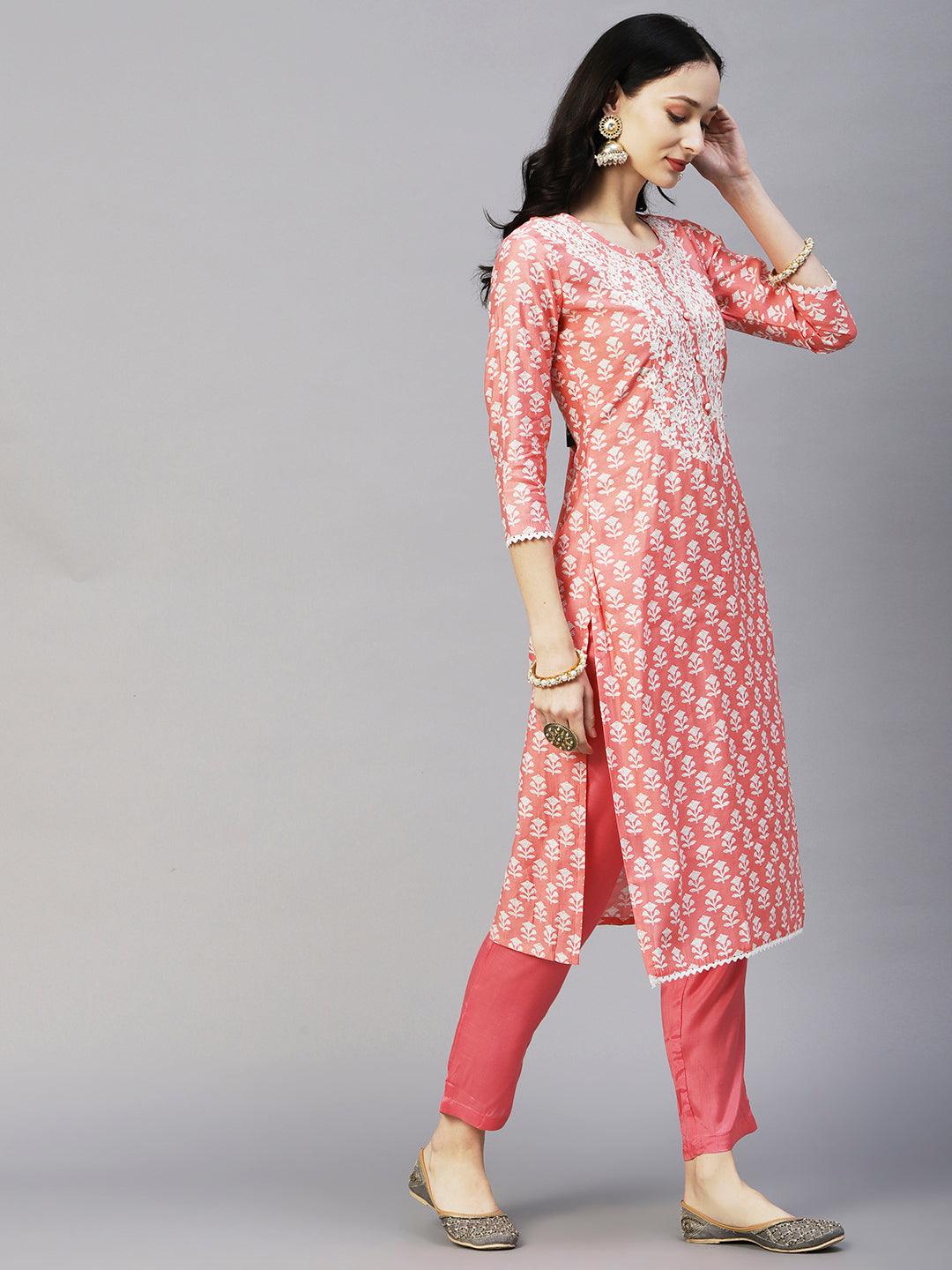 Floral Printed Resham Aari Embroidered Kurta With Pants & Printed Dupatta - Peach - Indiakreations