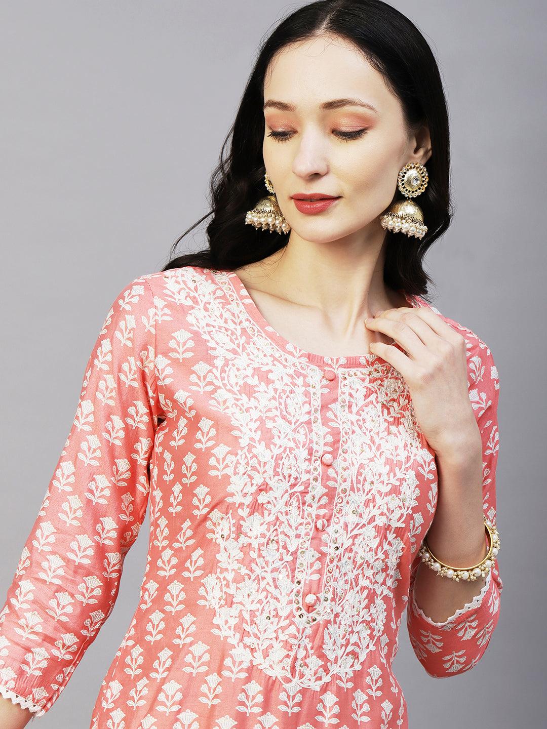 Floral Printed Resham Aari Embroidered Kurta With Pants & Printed Dupatta - Peach - Indiakreations