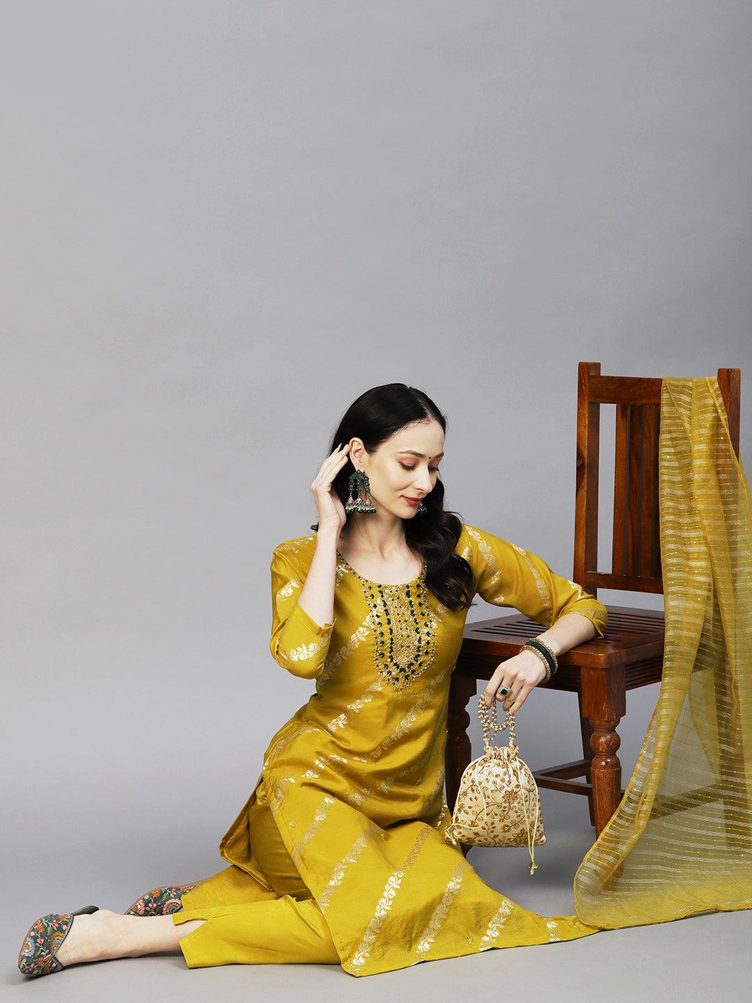 Woven Zari Floral Jacquard Zardozi Embroidered Kurta With Pants & Sequined Dupatta - Mustard - Indiakreations