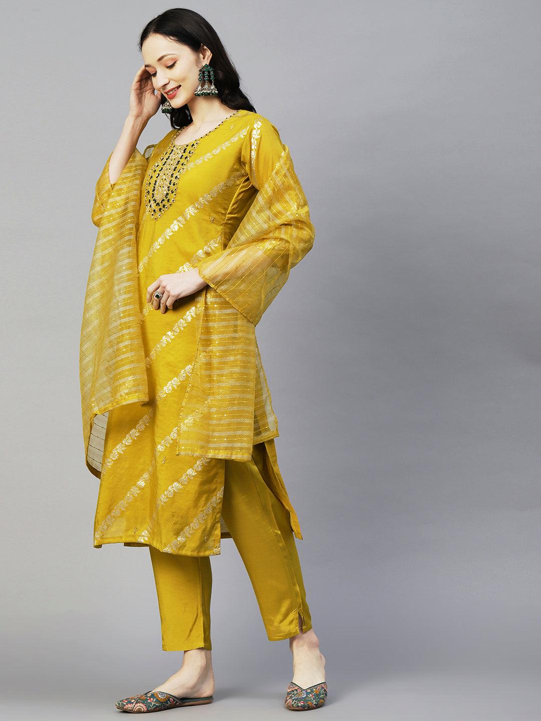 Woven Zari Floral Jacquard Zardozi Embroidered Kurta With Pants & Sequined Dupatta - Mustard - Indiakreations