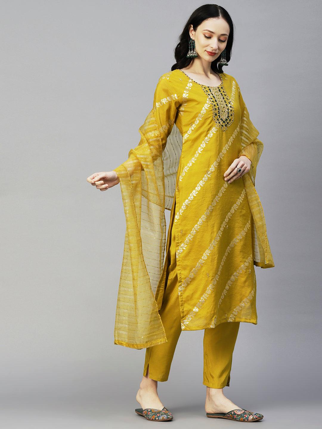 Woven Zari Floral Jacquard Zardozi Embroidered Kurta With Pants & Sequined Dupatta - Mustard - Indiakreations