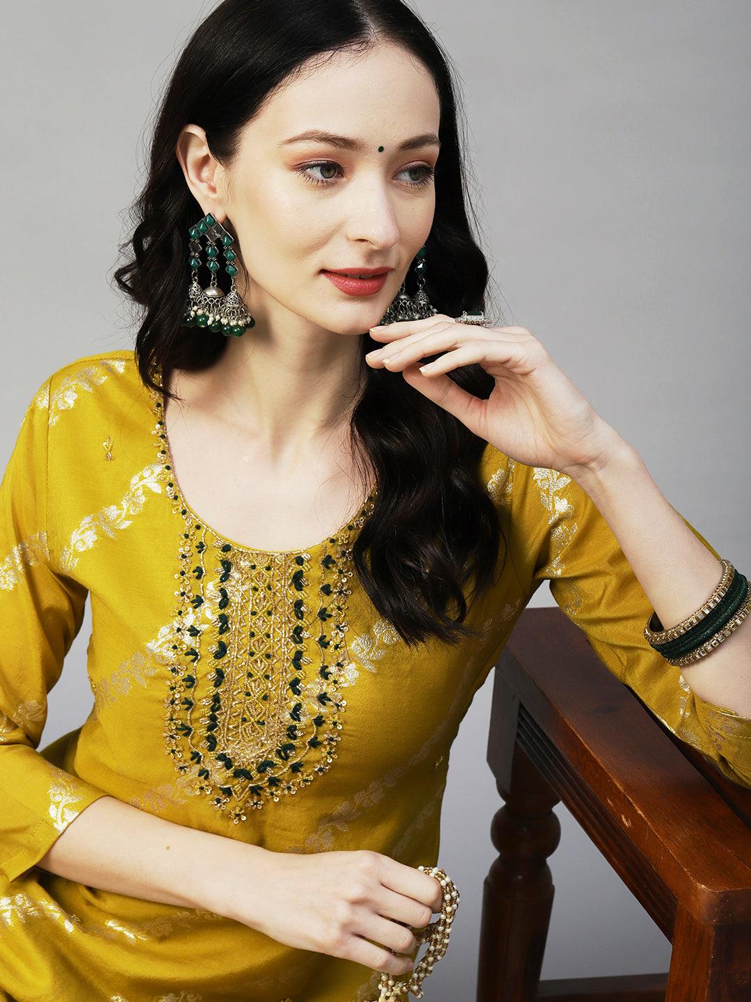 Woven Zari Floral Jacquard Zardozi Embroidered Kurta With Pants & Sequined Dupatta - Mustard - Indiakreations